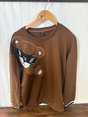 SHEIN Brown Teddy Bear Patch Crewneck Sweater